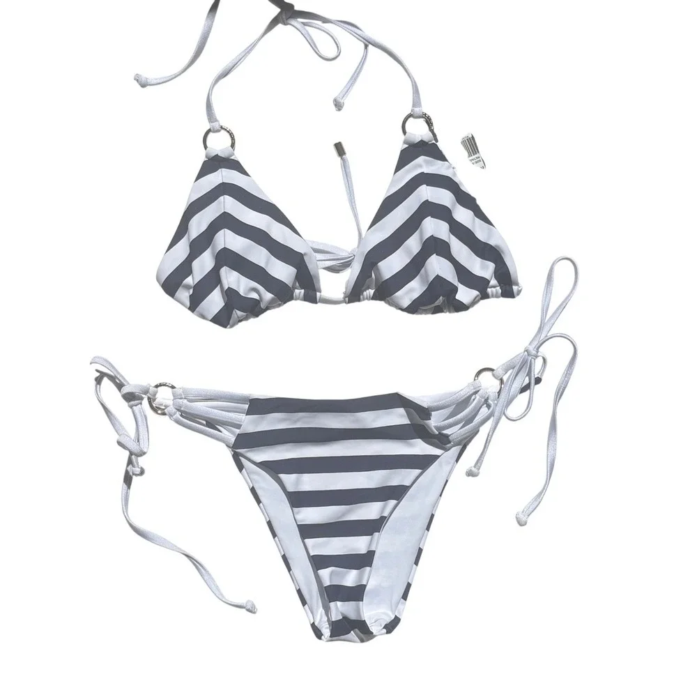 RELLECIGA Womens Striped Triangle Bikini Set Navy Blue White Size Small